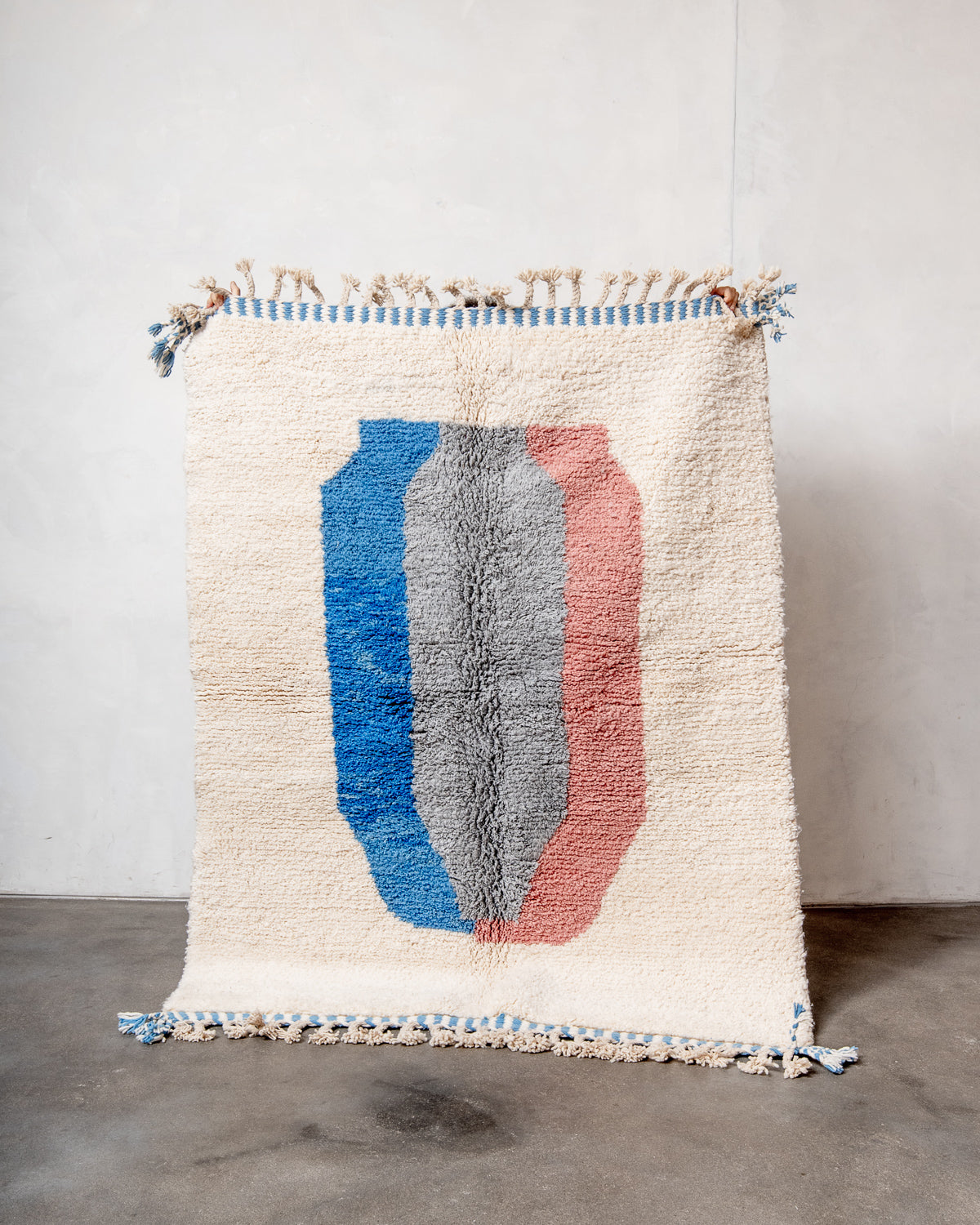 Modern, designer, handcrafted Berber rug from Morocco. Beniourain carpet with beautiful colours and patterns and fluffy wool texture.